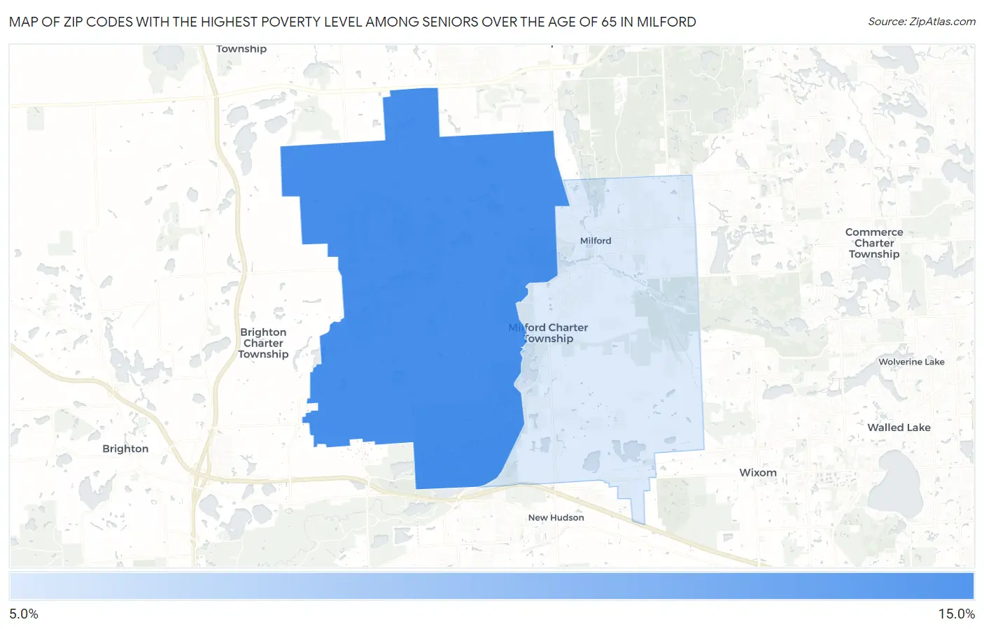 Zip Codes with the Highest Poverty Level Among Seniors Over the Age of 65 in Milford Map