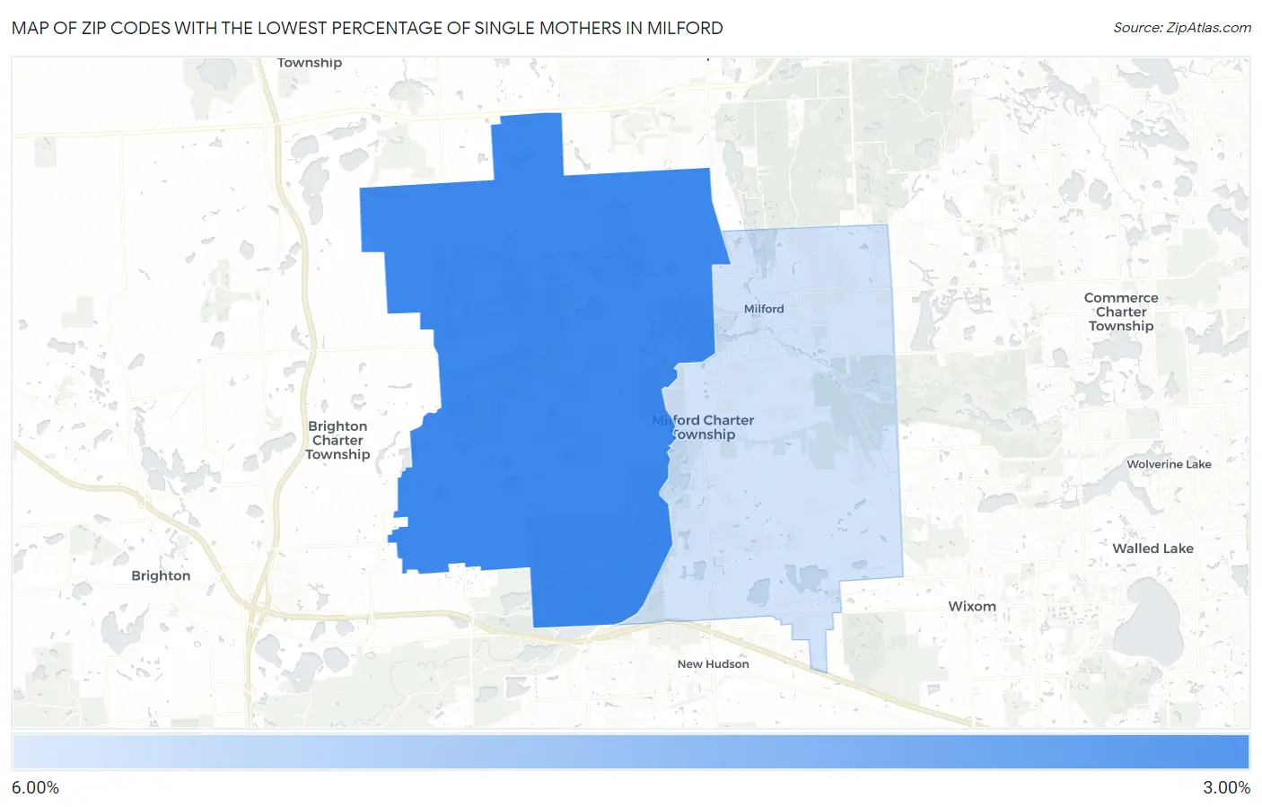 Zip Codes with the Lowest Percentage of Single Mothers in Milford Map