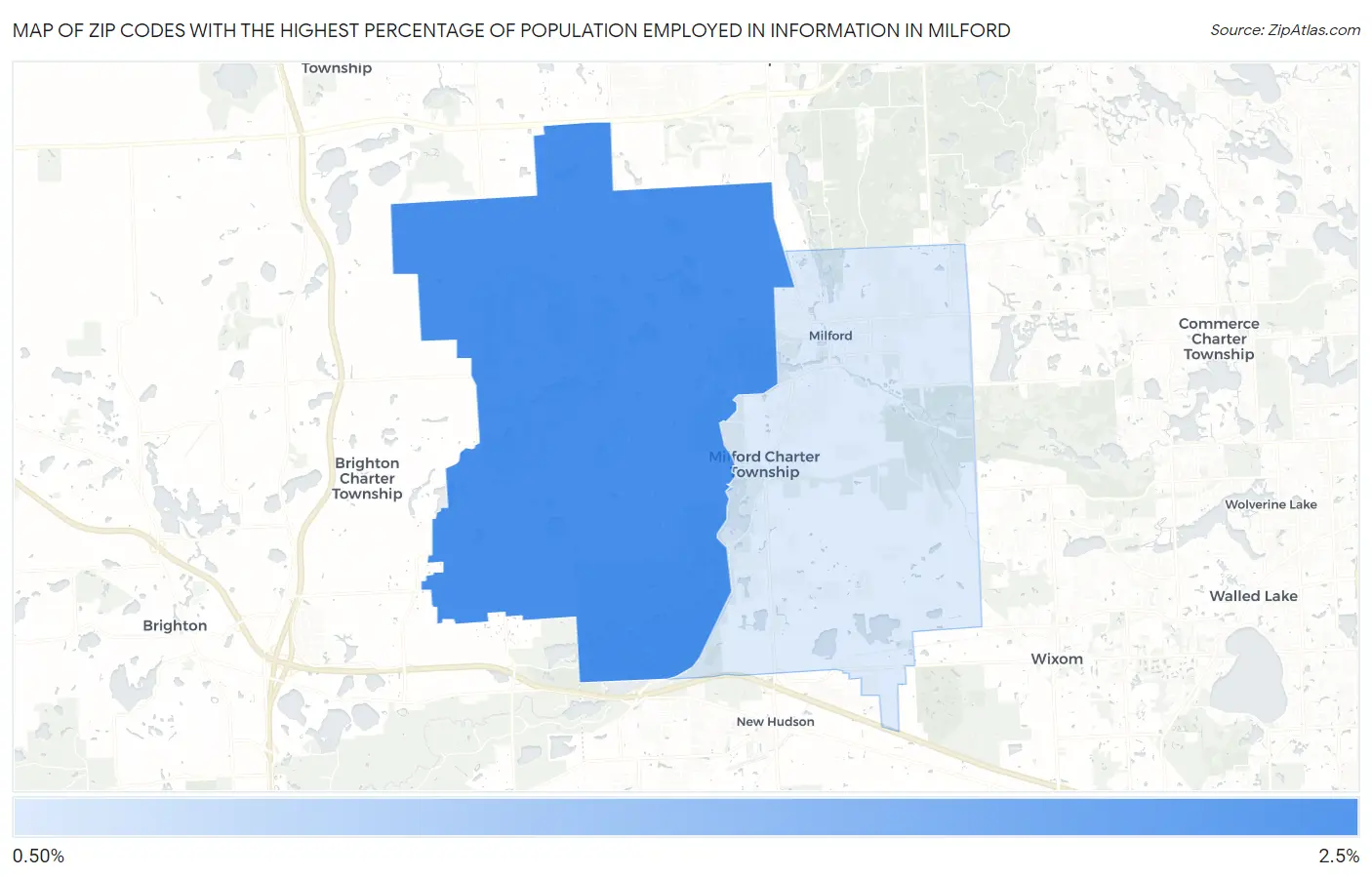 Zip Codes with the Highest Percentage of Population Employed in Information in Milford Map
