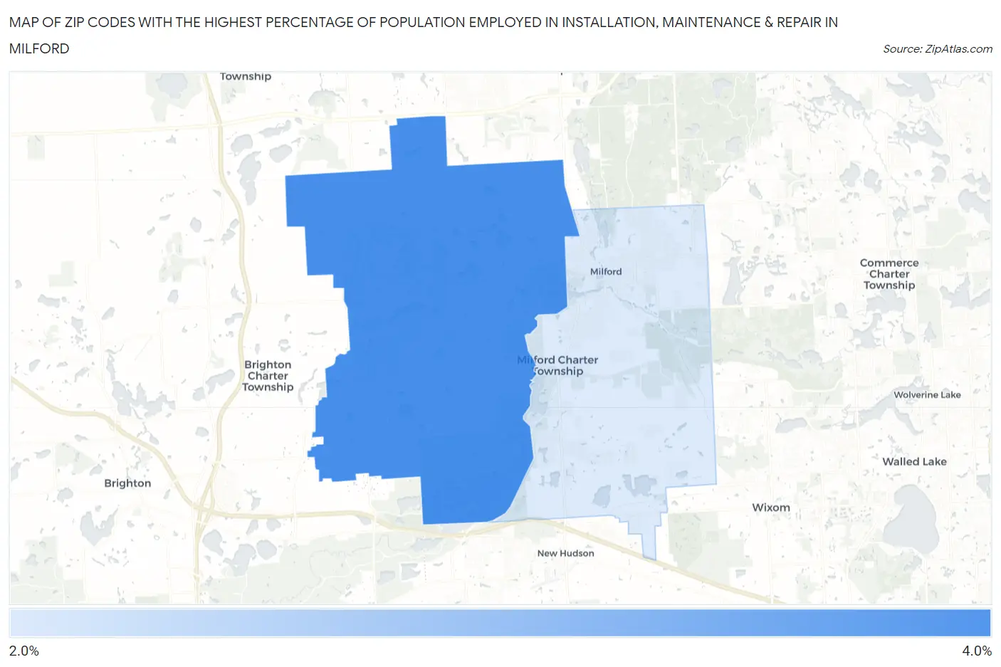 Zip Codes with the Highest Percentage of Population Employed in Installation, Maintenance & Repair in Milford Map