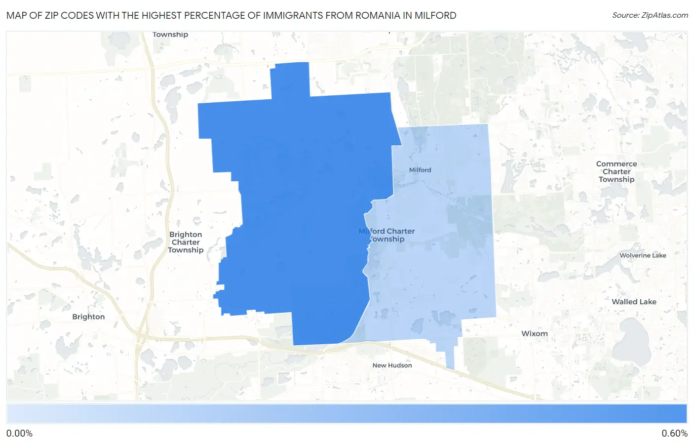 Zip Codes with the Highest Percentage of Immigrants from Romania in Milford Map