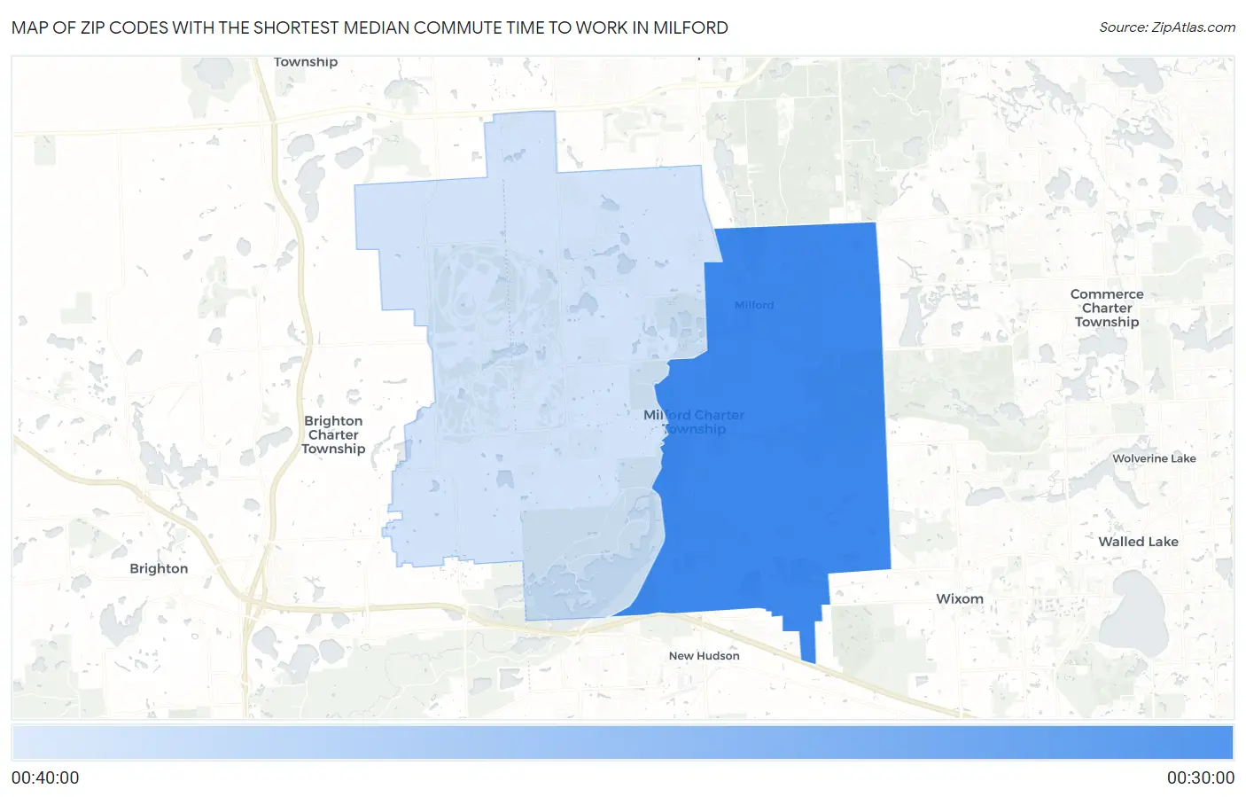 Zip Codes with the Shortest Median Commute Time to Work in Milford Map