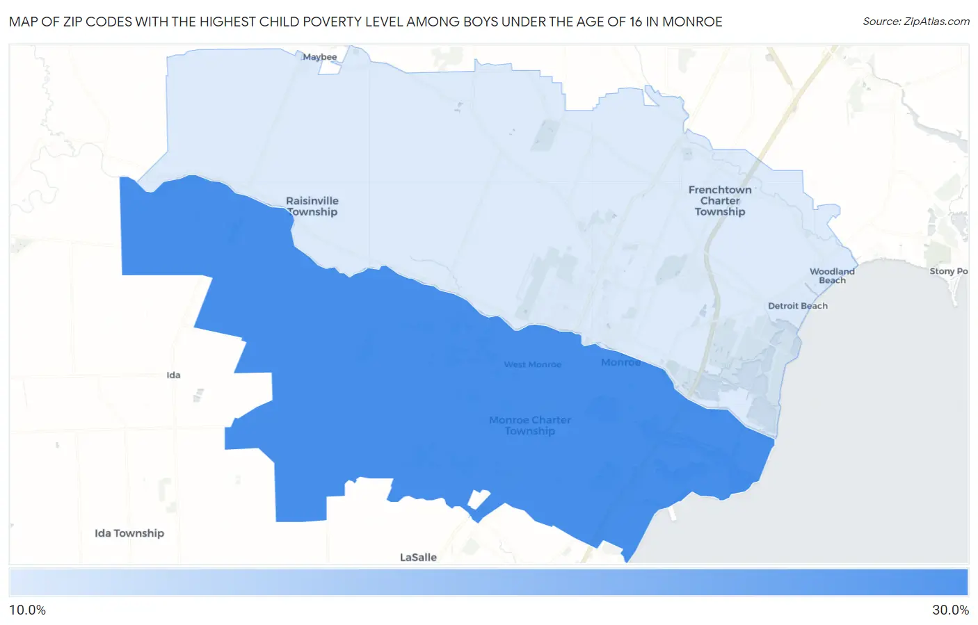 Zip Codes with the Highest Child Poverty Level Among Boys Under the Age of 16 in Monroe Map
