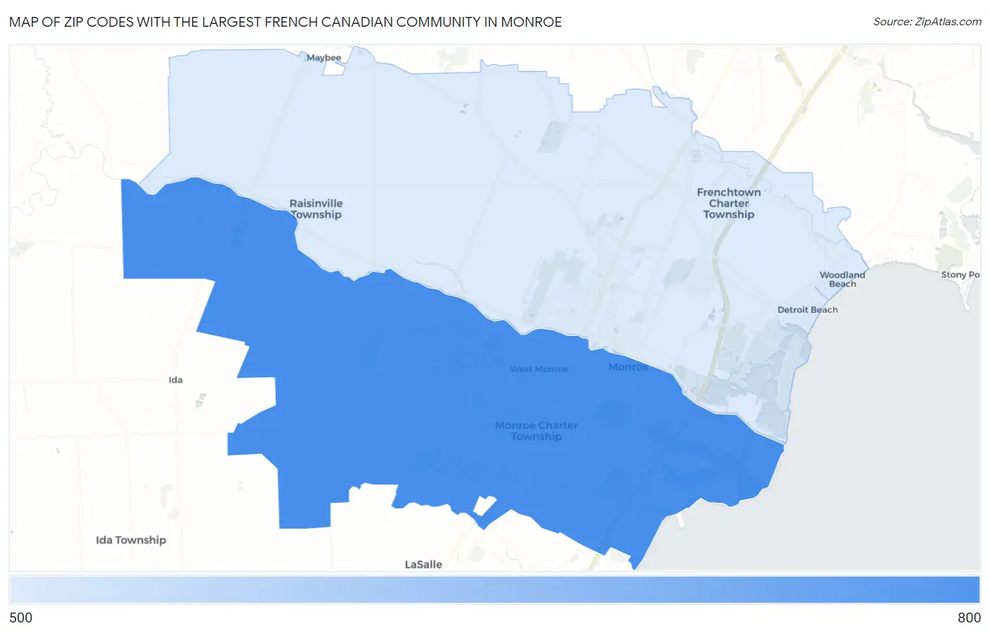 Zip Codes with the Largest French Canadian Community in Monroe Map