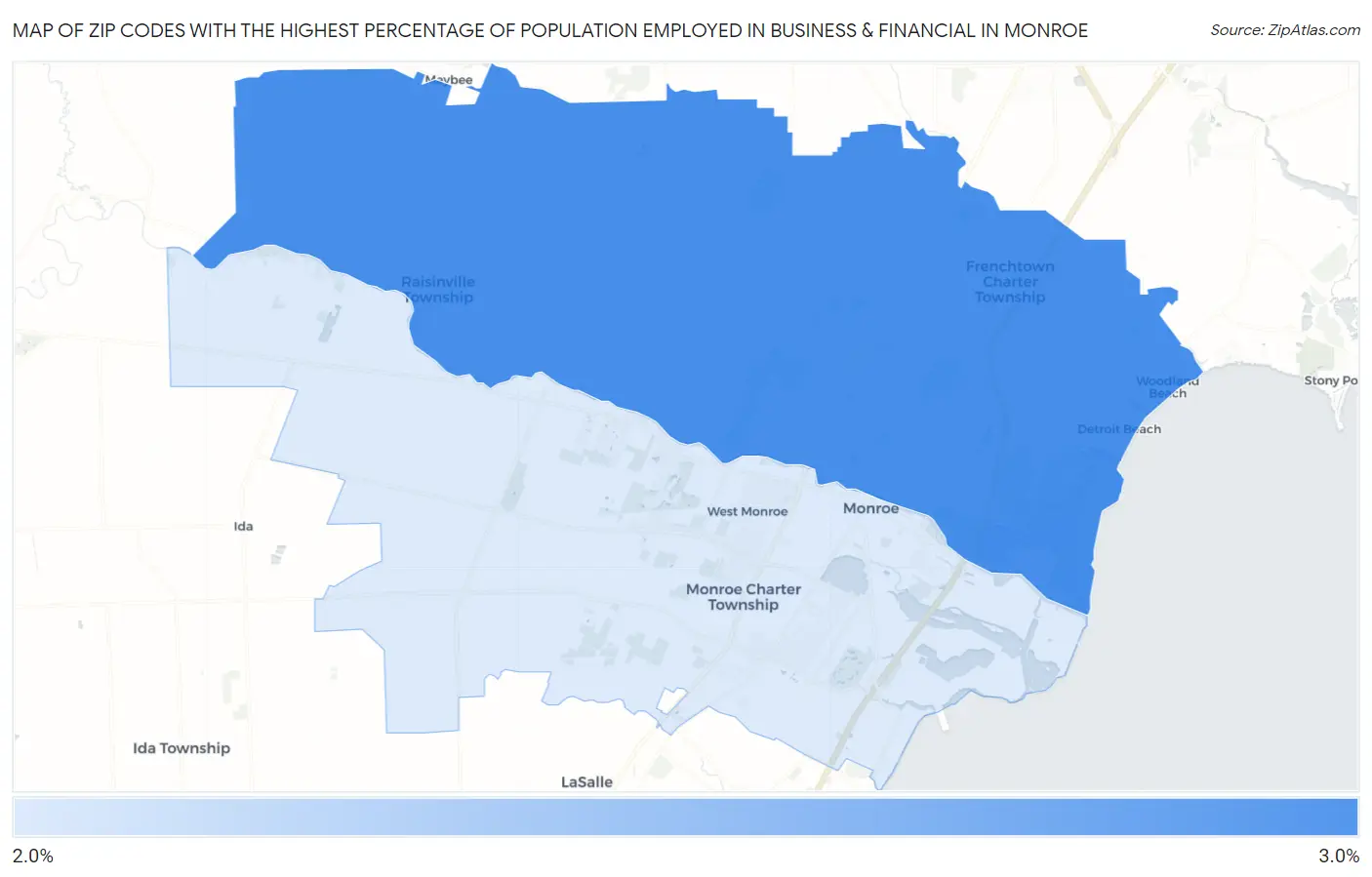 Zip Codes with the Highest Percentage of Population Employed in Business & Financial in Monroe Map