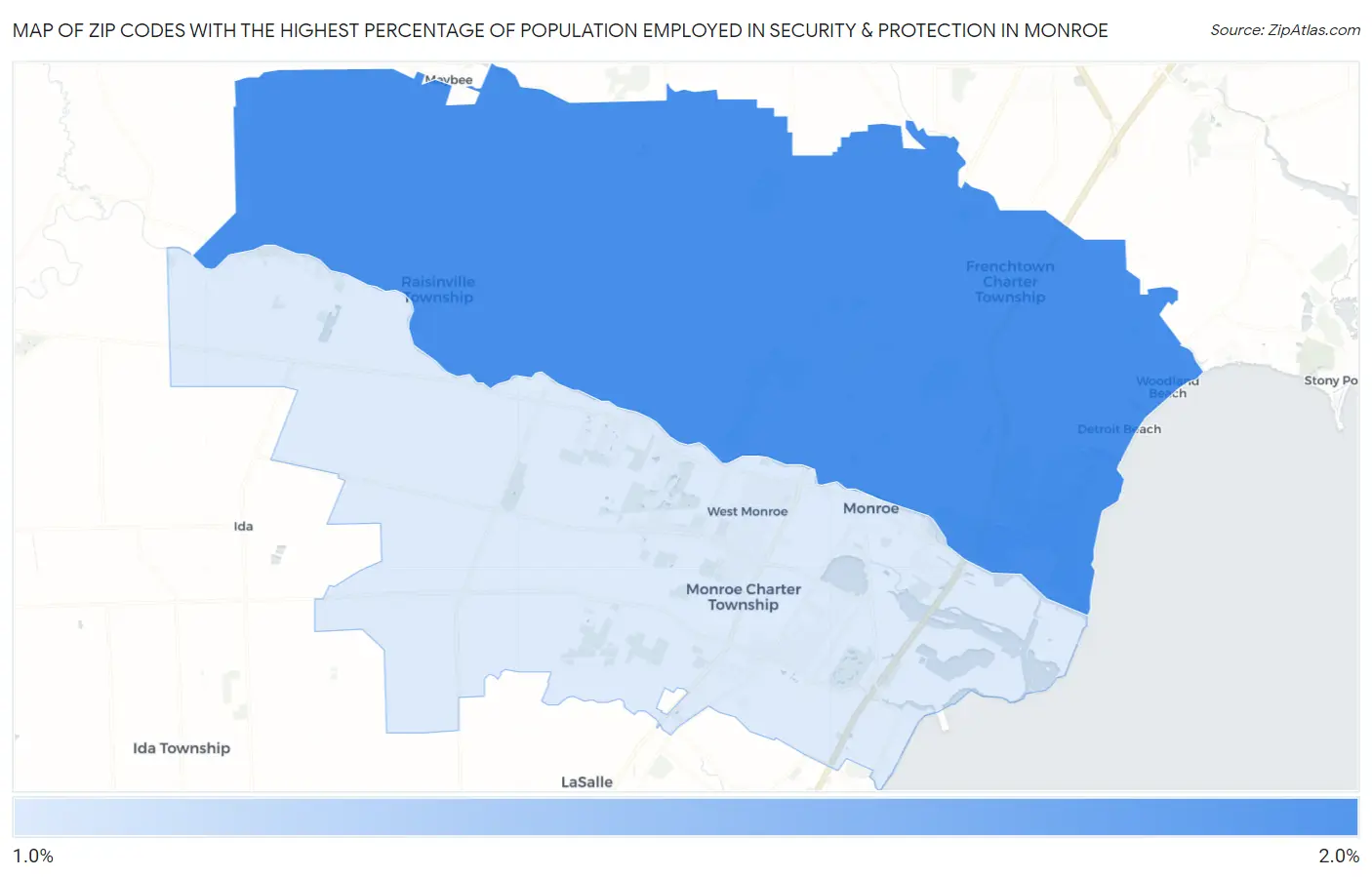 Zip Codes with the Highest Percentage of Population Employed in Security & Protection in Monroe Map