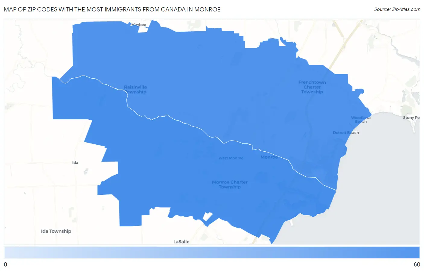 Zip Codes with the Most Immigrants from Canada in Monroe Map