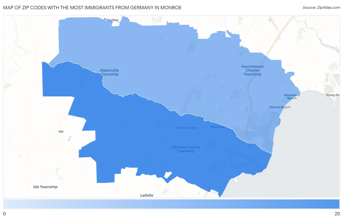 Zip Codes with the Most Immigrants from Germany in Monroe Map