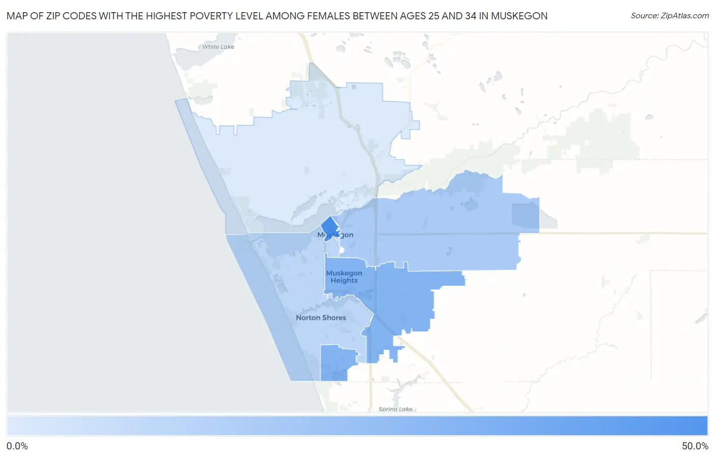 Zip Codes with the Highest Poverty Level Among Females Between Ages 25 and 34 in Muskegon Map