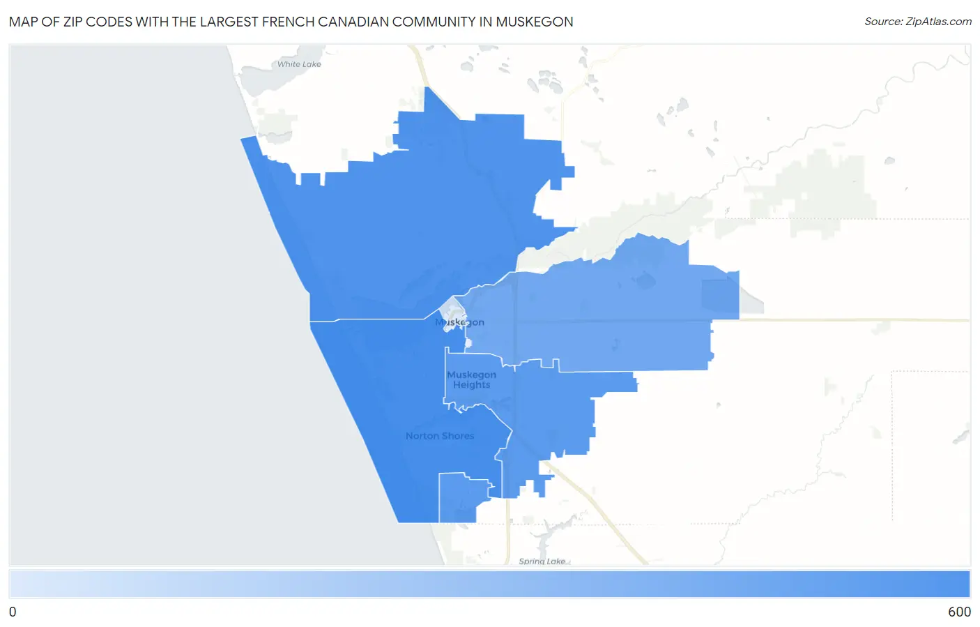 Zip Codes with the Largest French Canadian Community in Muskegon Map