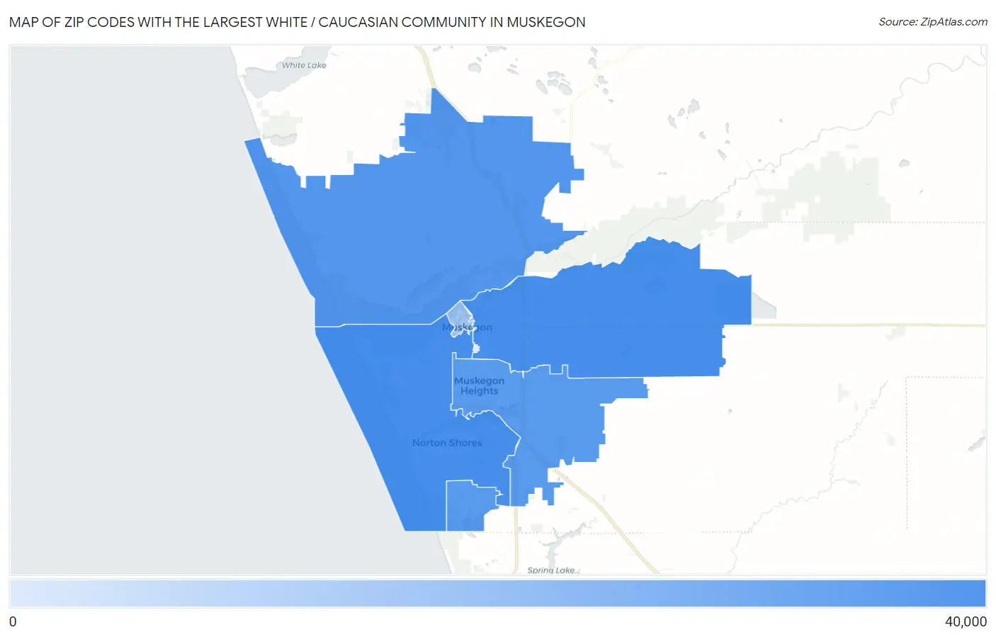 Zip Codes with the Largest White / Caucasian Community in Muskegon Map