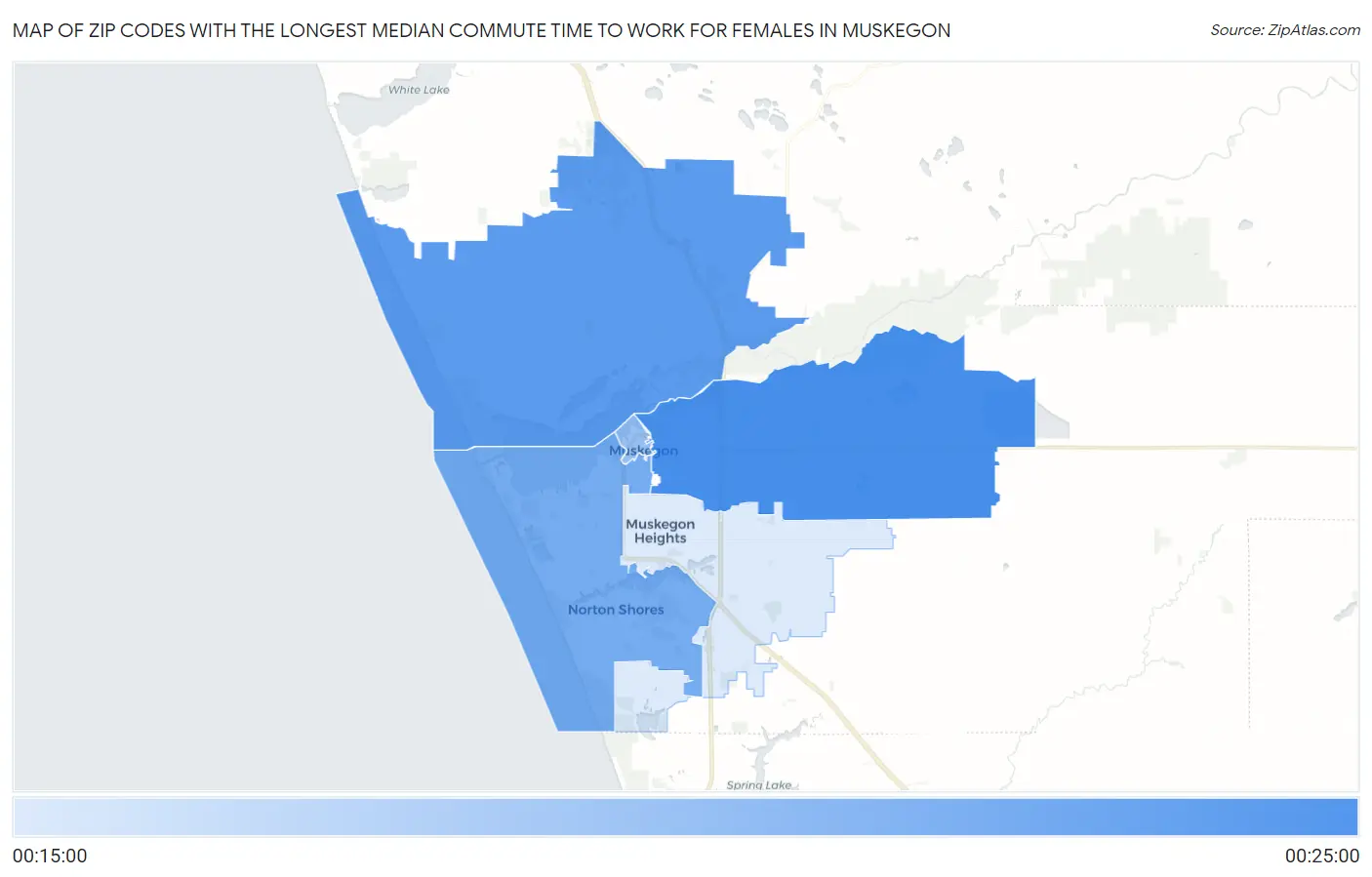 Zip Codes with the Longest Median Commute Time to Work for Females in Muskegon Map