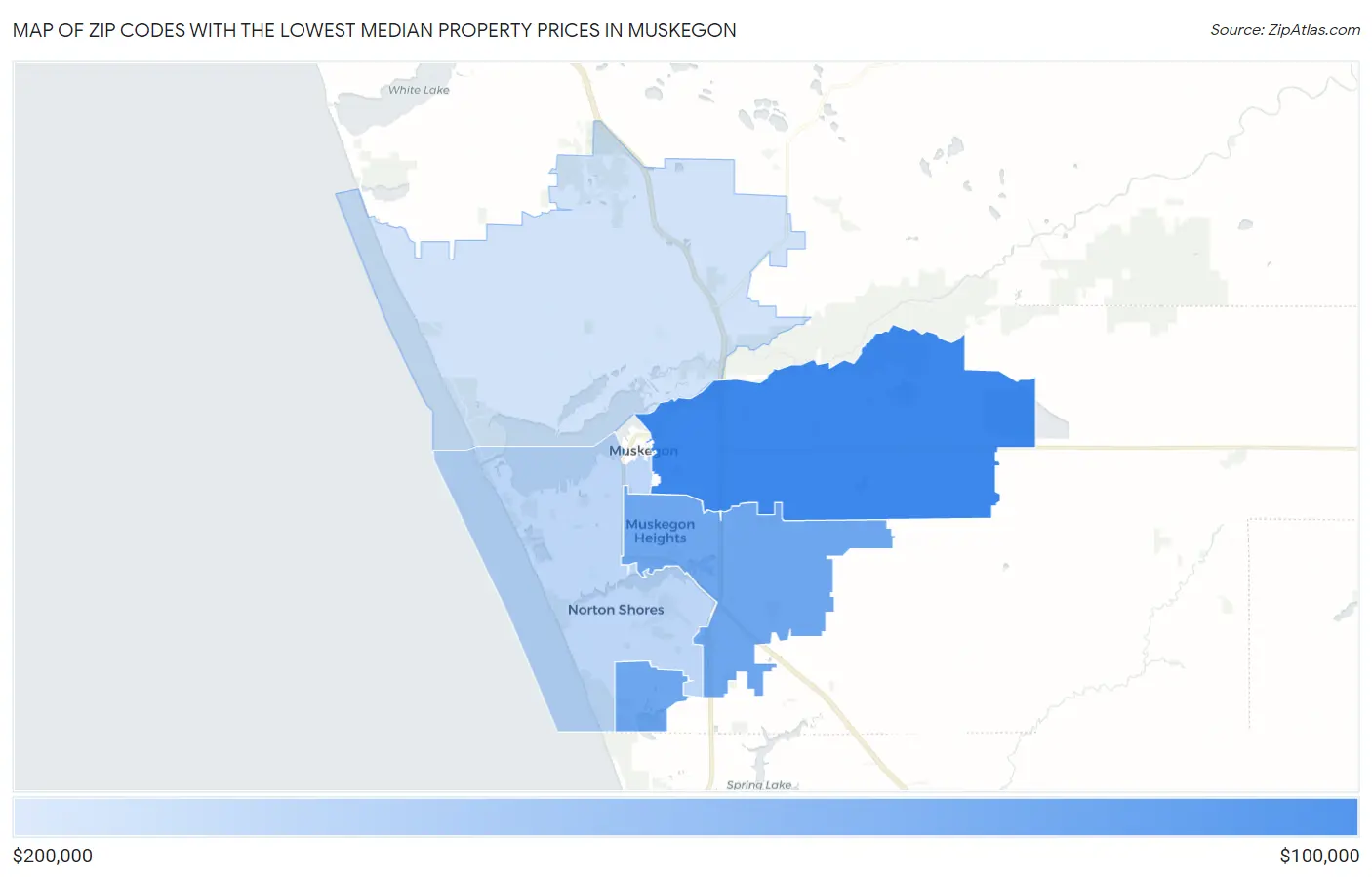 Zip Codes with the Lowest Median Property Prices in Muskegon Map