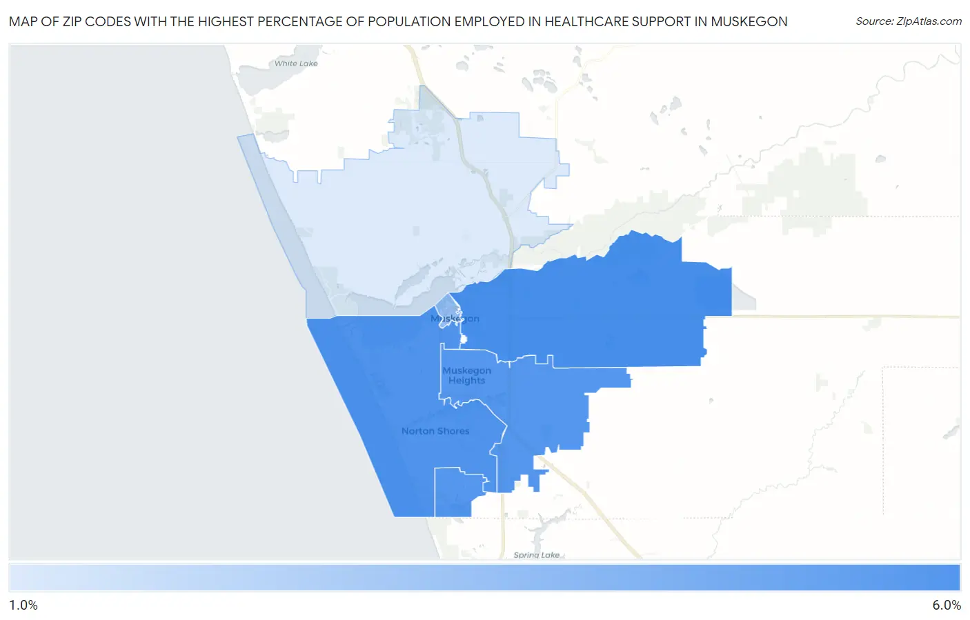 Zip Codes with the Highest Percentage of Population Employed in Healthcare Support in Muskegon Map
