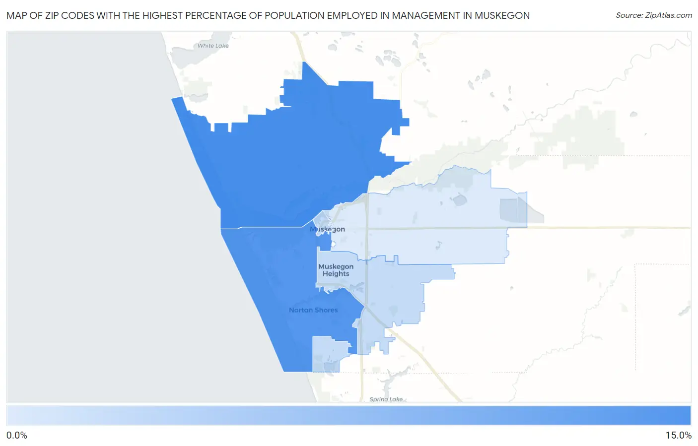 Zip Codes with the Highest Percentage of Population Employed in Management in Muskegon Map