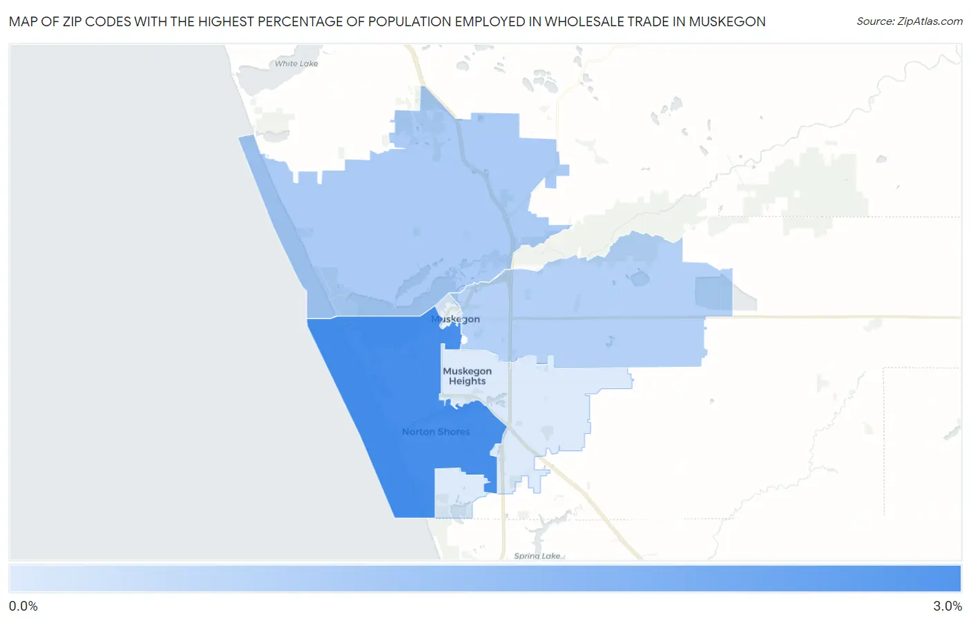 Zip Codes with the Highest Percentage of Population Employed in Wholesale Trade in Muskegon Map