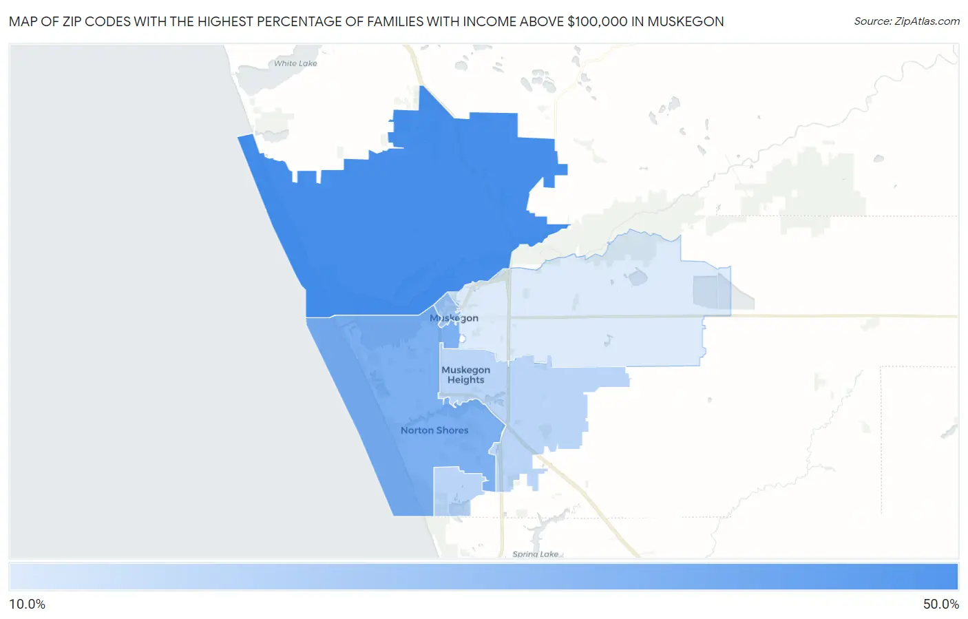 Zip Codes with the Highest Percentage of Families with Income Above $100,000 in Muskegon Map