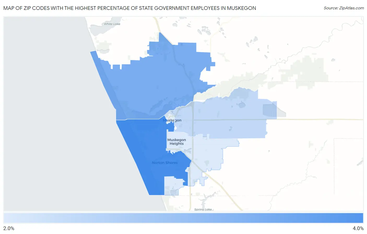 Zip Codes with the Highest Percentage of State Government Employees in Muskegon Map
