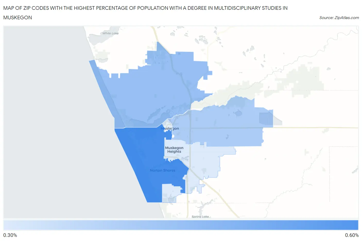 Zip Codes with the Highest Percentage of Population with a Degree in Multidisciplinary Studies in Muskegon Map