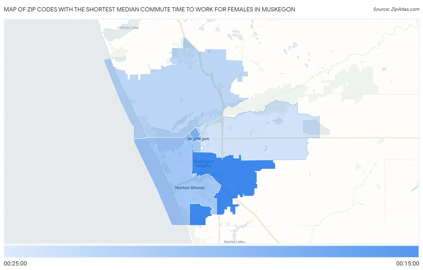 Zip Codes with the Shortest Median Commute Time to Work for Females in Muskegon Map