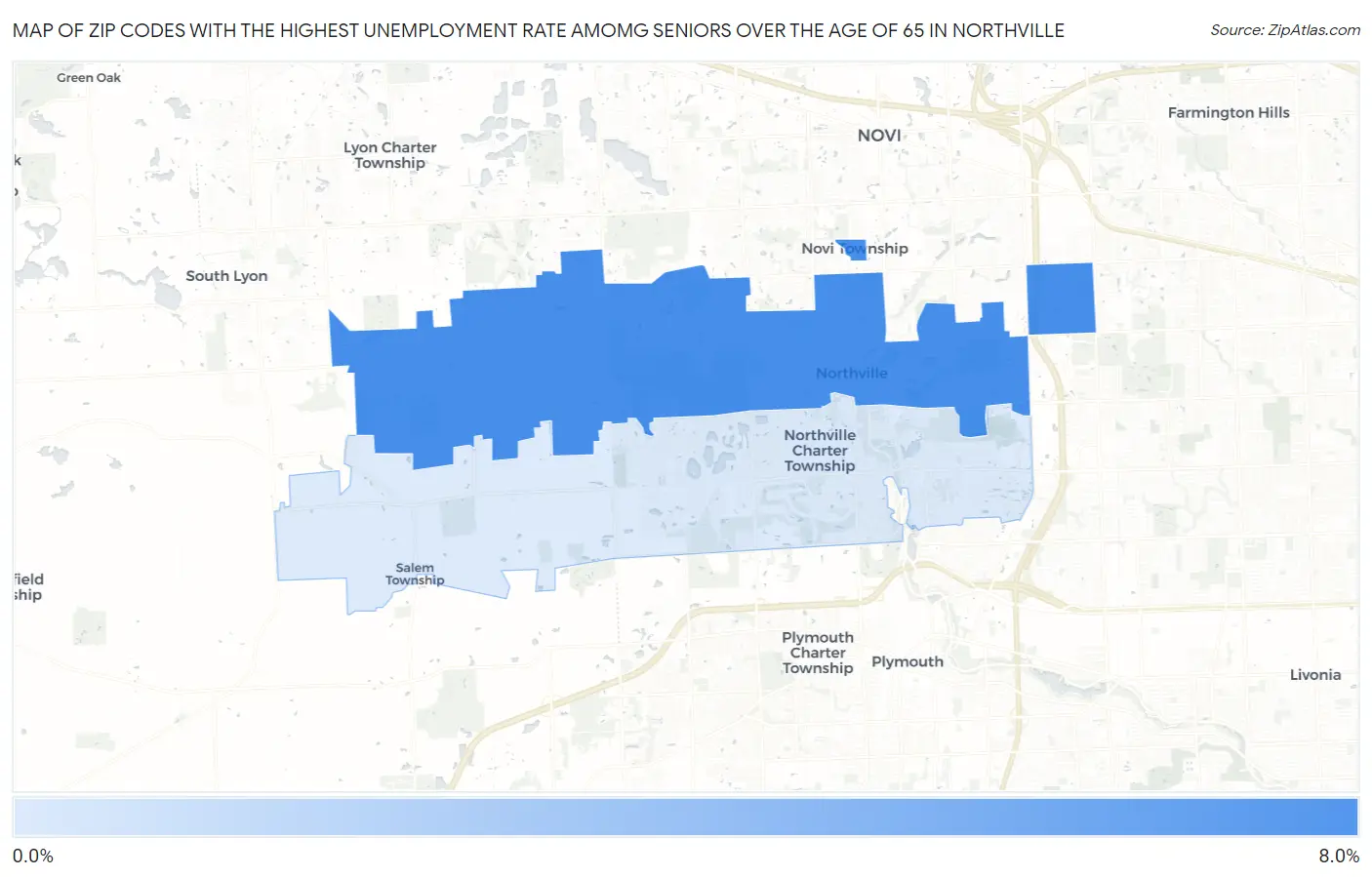 Zip Codes with the Highest Unemployment Rate Amomg Seniors Over the Age of 65 in Northville Map