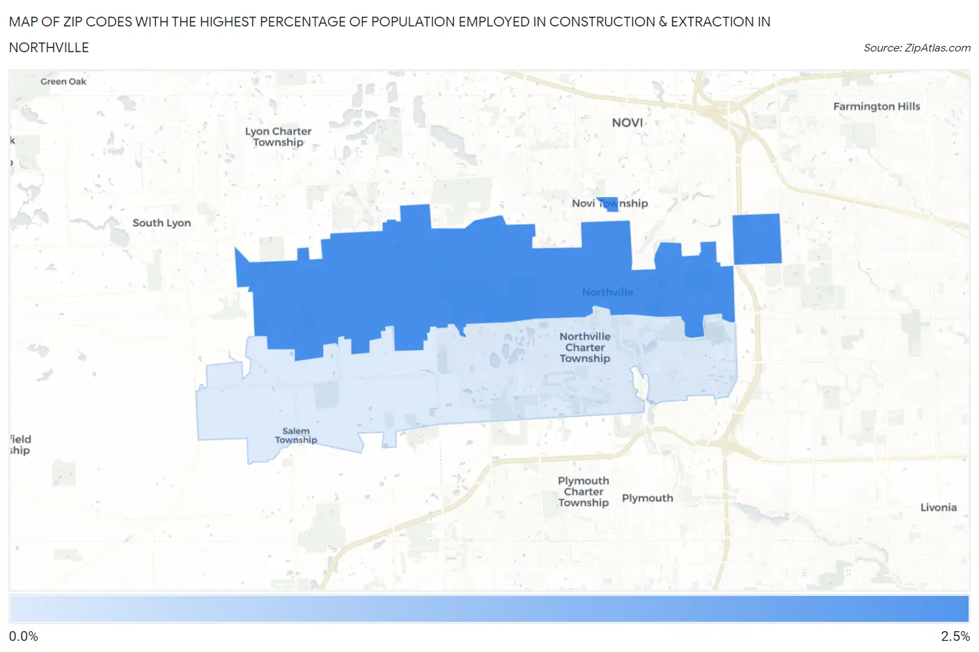 Zip Codes with the Highest Percentage of Population Employed in Construction & Extraction in Northville Map