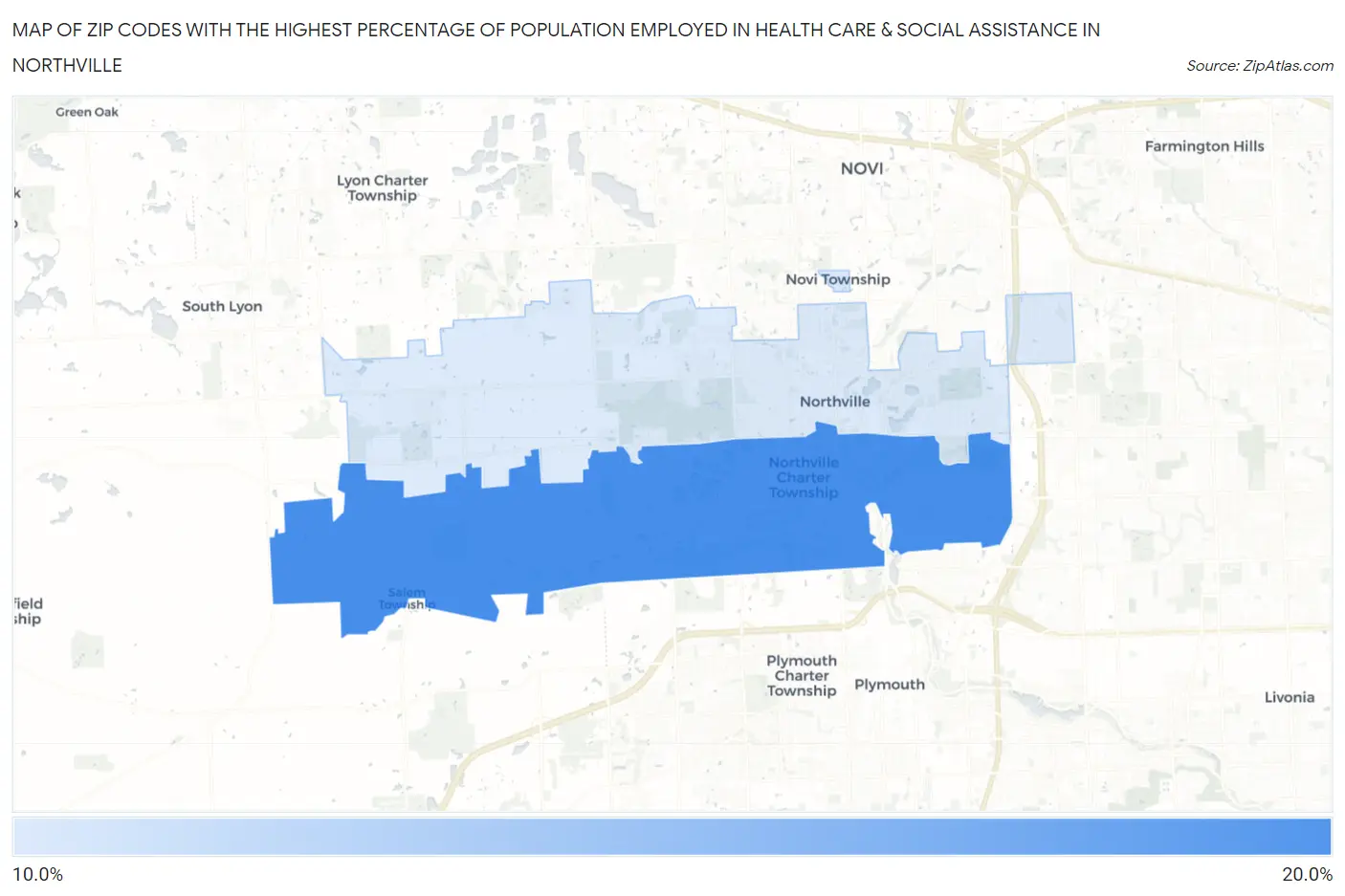 Zip Codes with the Highest Percentage of Population Employed in Health Care & Social Assistance in Northville Map