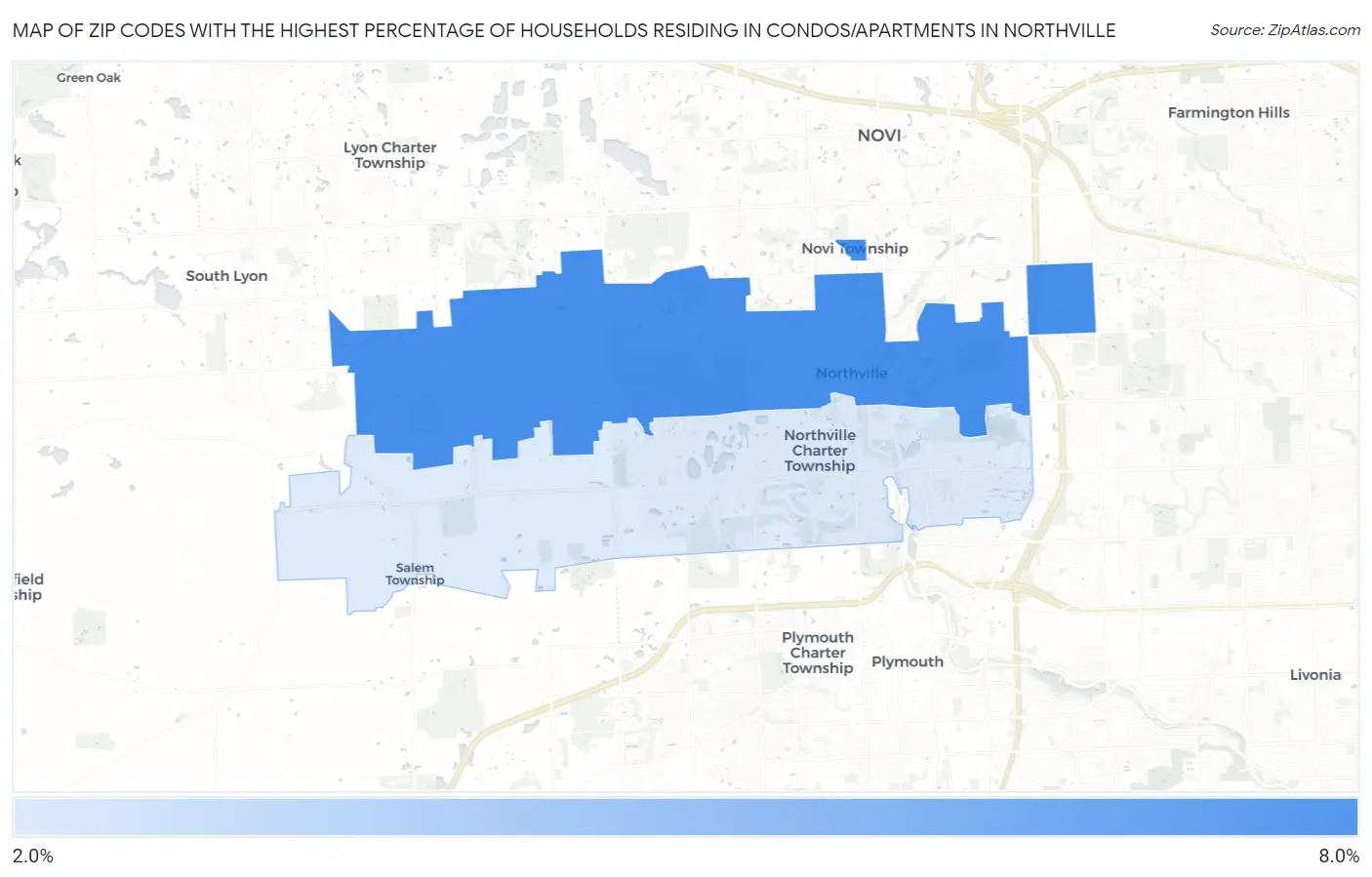 Zip Codes with the Highest Percentage of Households Residing in Condos/Apartments in Northville Map