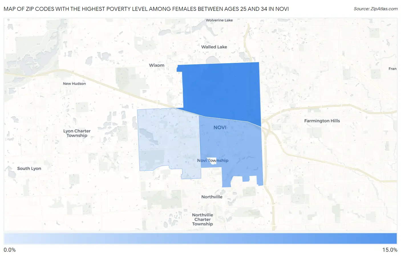 Zip Codes with the Highest Poverty Level Among Females Between Ages 25 and 34 in Novi Map