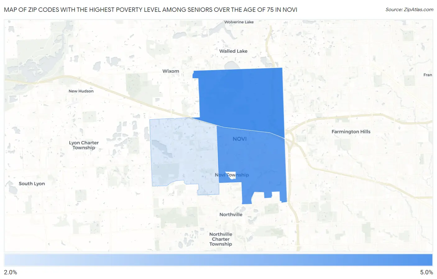 Zip Codes with the Highest Poverty Level Among Seniors Over the Age of 75 in Novi Map
