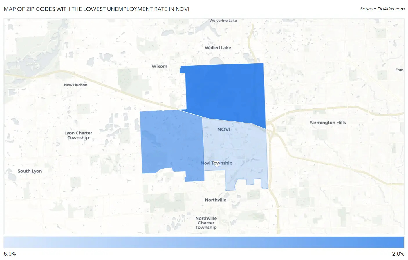 Zip Codes with the Lowest Unemployment Rate in Novi Map