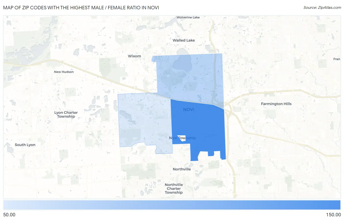 Zip Codes with the Highest Male / Female Ratio in Novi Map