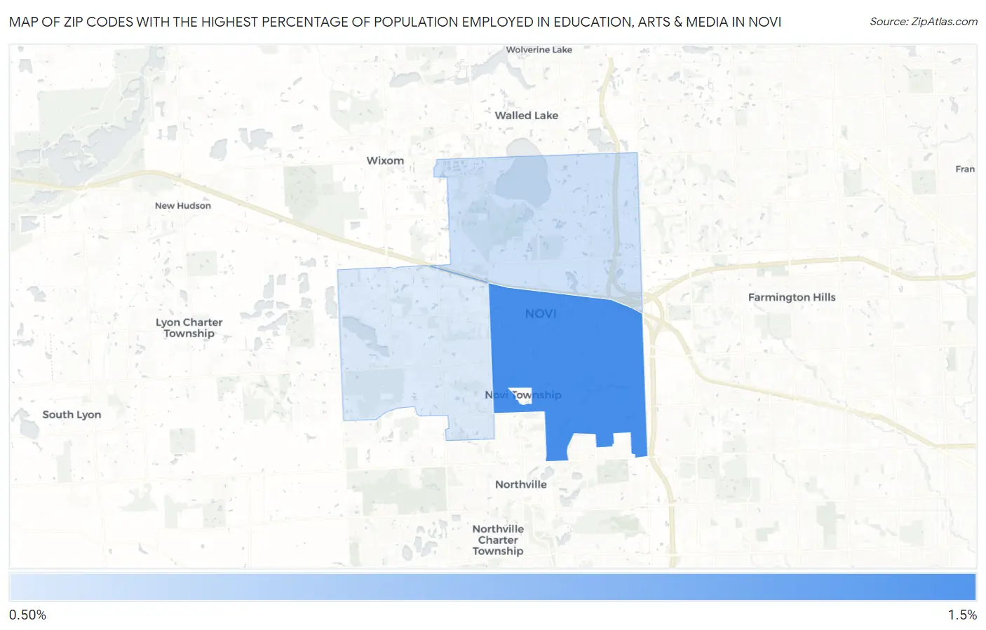 Zip Codes with the Highest Percentage of Population Employed in Education, Arts & Media in Novi Map