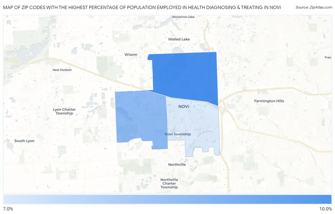 Zip Codes with the Highest Percentage of Population Employed in Health Diagnosing & Treating in Novi Map