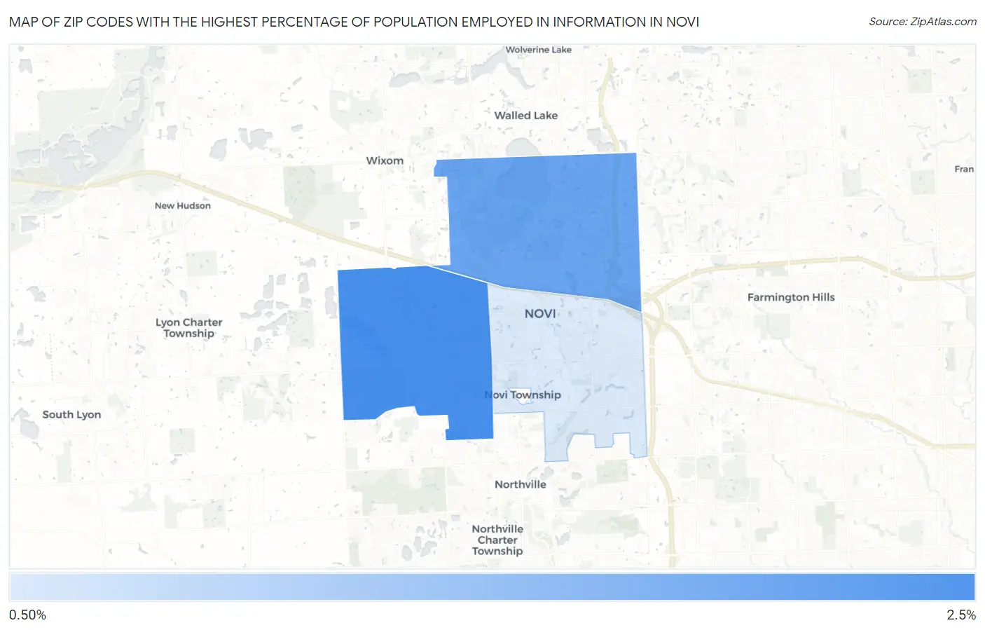 Zip Codes with the Highest Percentage of Population Employed in Information in Novi Map