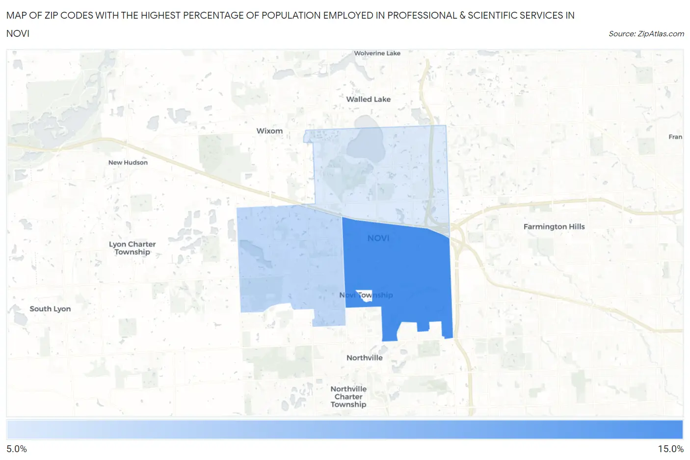 Zip Codes with the Highest Percentage of Population Employed in Professional & Scientific Services in Novi Map