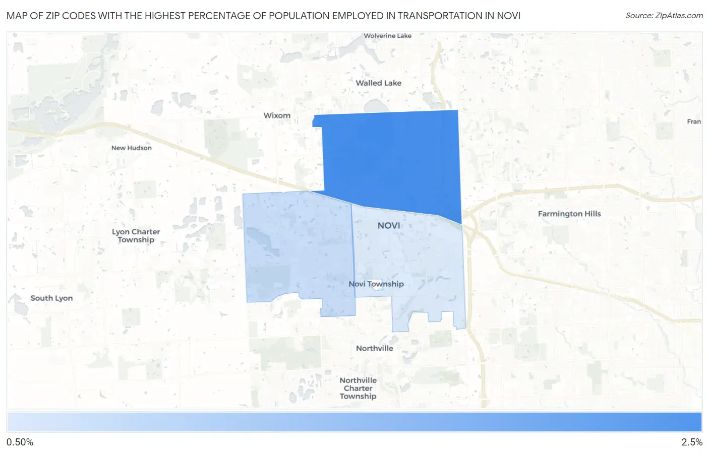 Zip Codes with the Highest Percentage of Population Employed in Transportation in Novi Map