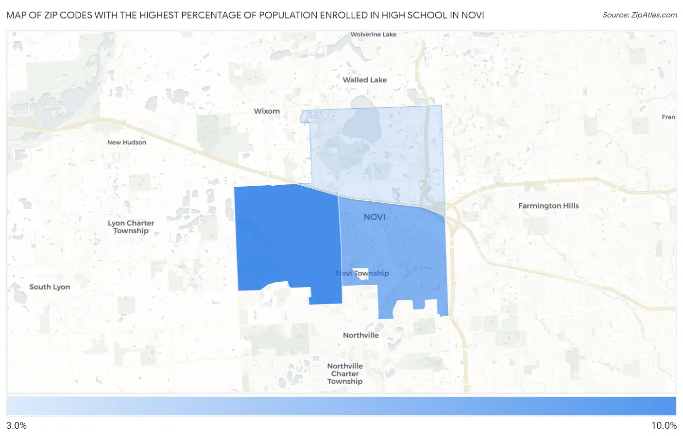 Zip Codes with the Highest Percentage of Population Enrolled in High School in Novi Map