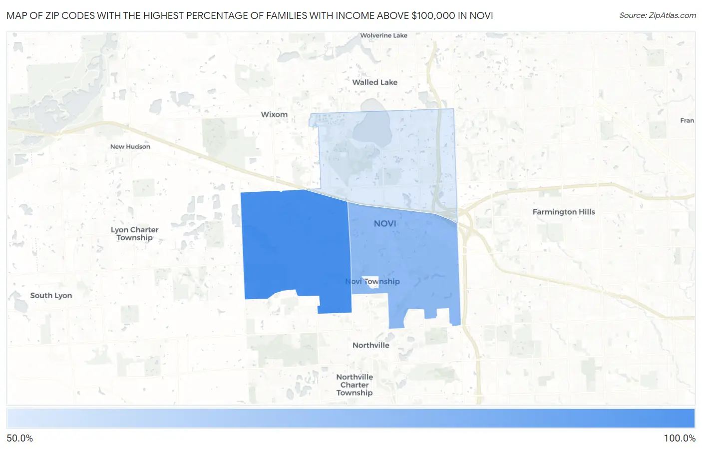 Zip Codes with the Highest Percentage of Families with Income Above $100,000 in Novi Map