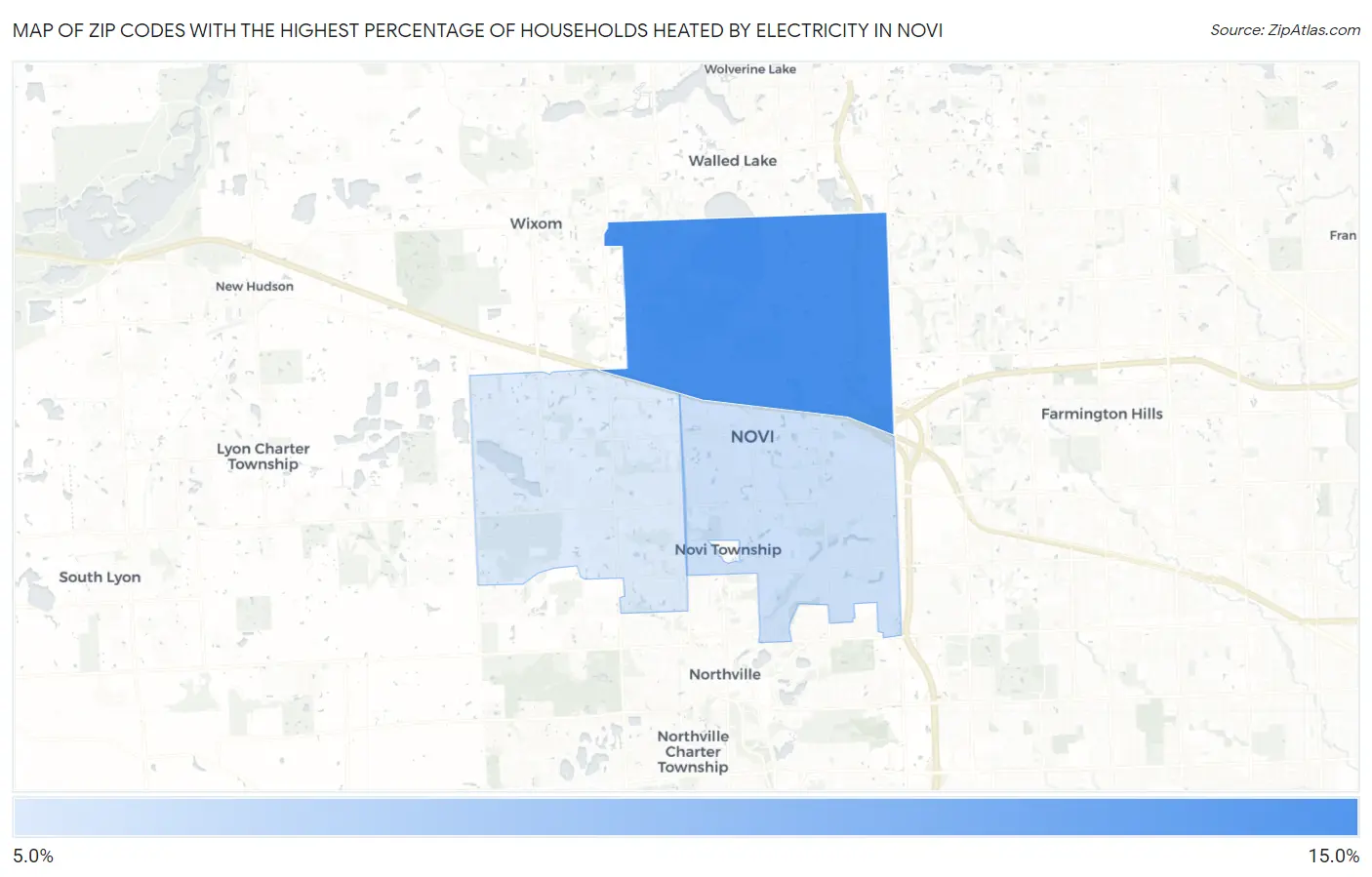 Zip Codes with the Highest Percentage of Households Heated by Electricity in Novi Map