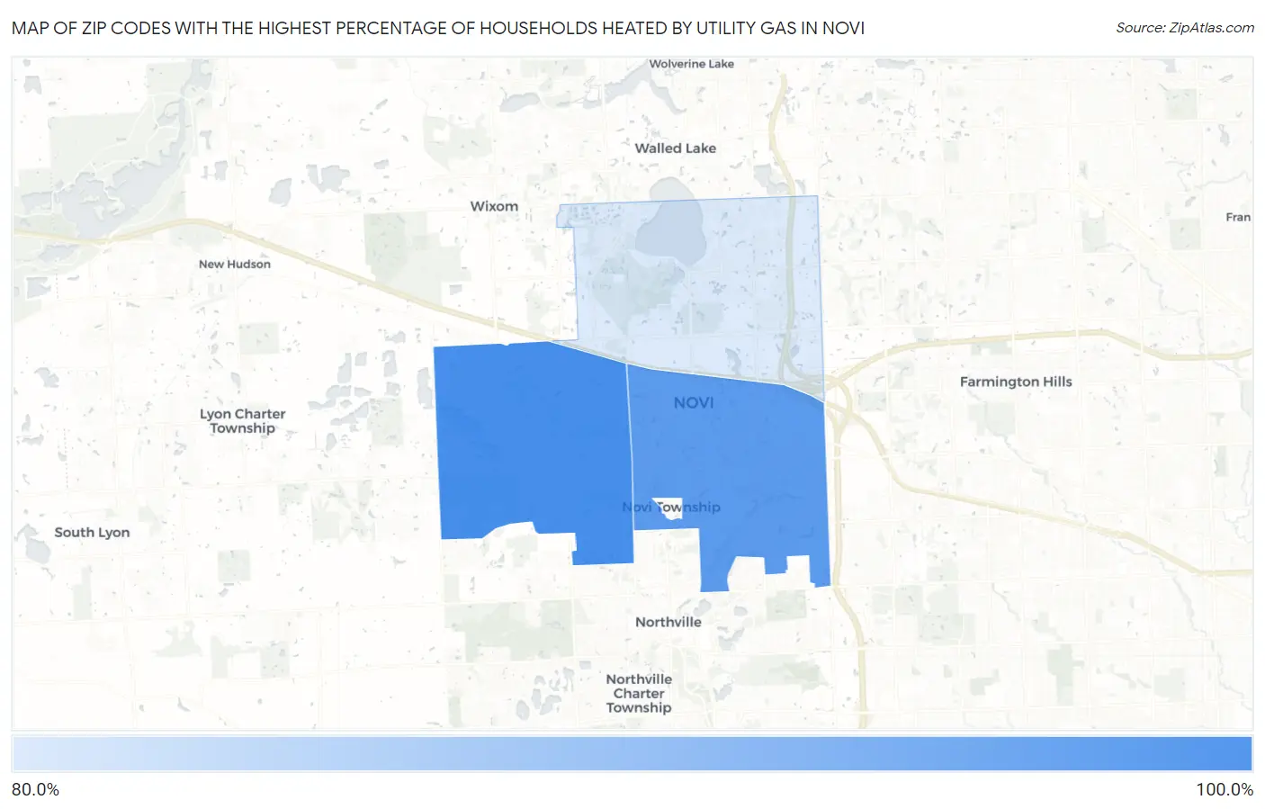 Zip Codes with the Highest Percentage of Households Heated by Utility Gas in Novi Map