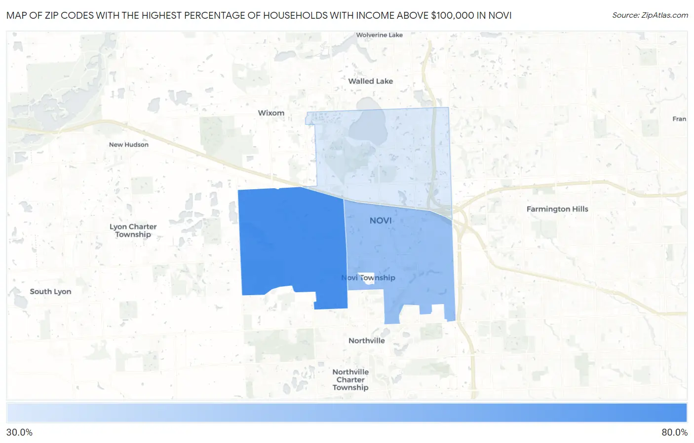 Zip Codes with the Highest Percentage of Households with Income Above $100,000 in Novi Map