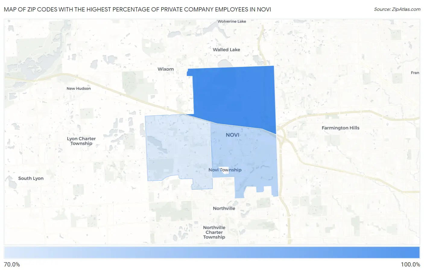 Zip Codes with the Highest Percentage of Private Company Employees in Novi Map