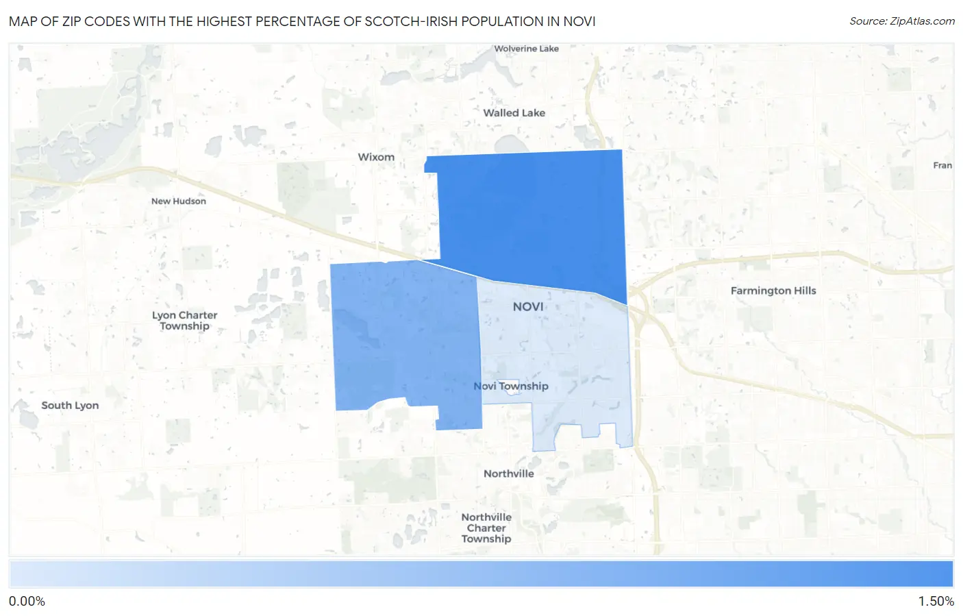 Zip Codes with the Highest Percentage of Scotch-Irish Population in Novi Map