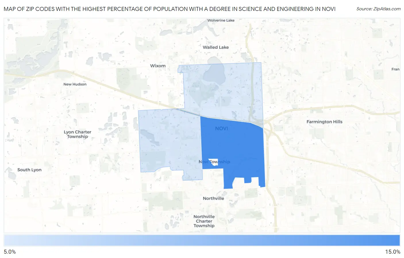 Zip Codes with the Highest Percentage of Population with a Degree in Science and Engineering in Novi Map