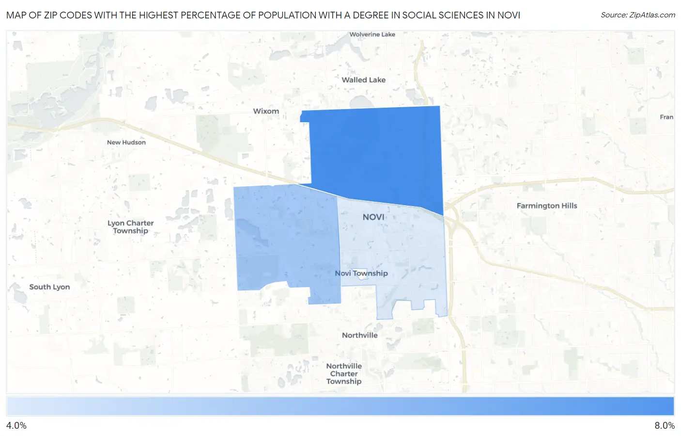 Zip Codes with the Highest Percentage of Population with a Degree in Social Sciences in Novi Map
