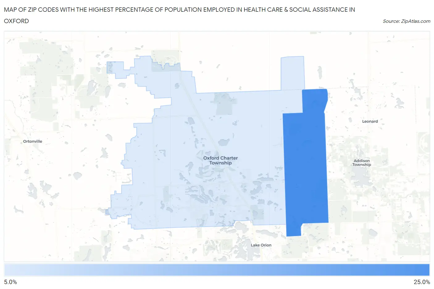 Zip Codes with the Highest Percentage of Population Employed in Health Care & Social Assistance in Oxford Map