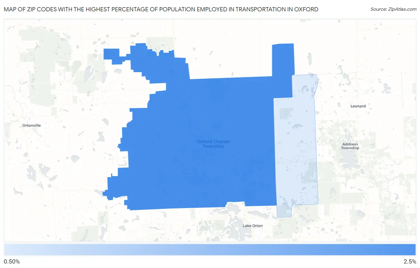 Zip Codes with the Highest Percentage of Population Employed in Transportation in Oxford Map