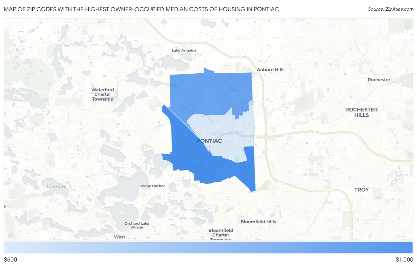 Zip Codes with the Highest Owner-Occupied Median Costs of Housing in Pontiac Map