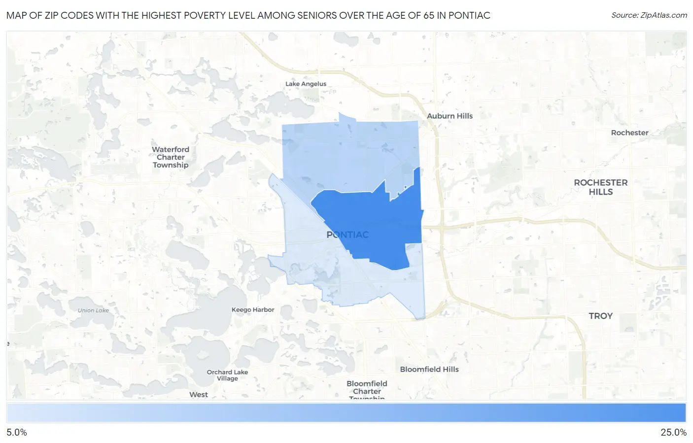 Zip Codes with the Highest Poverty Level Among Seniors Over the Age of 65 in Pontiac Map